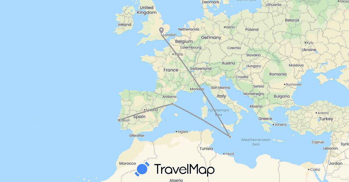 TravelMap itinerary: driving, plane in Spain, United Kingdom, Malta, Portugal (Europe)